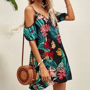 Boho floral tropical print cold shoulder mini dress